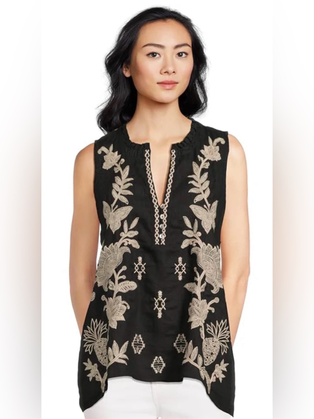 JOHNNY WAS Floral-Embroidered Linen Tank
